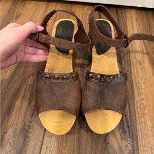 Sanita Brown Leather Open-Toe Ankle Strap Wedge Sandals